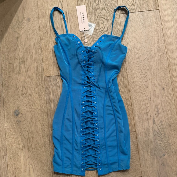 Oh Polly NWT Lace Up Corset Mini Dress Blue US 0 Mesh Turquoise Bodycon Bustier - Picture 3 of 8